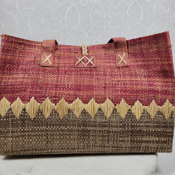 Crossing Pointe Raffia Beach Bag 14" Pink Brown Colorblock Tan Straw Diamond - Picture 4 of 16